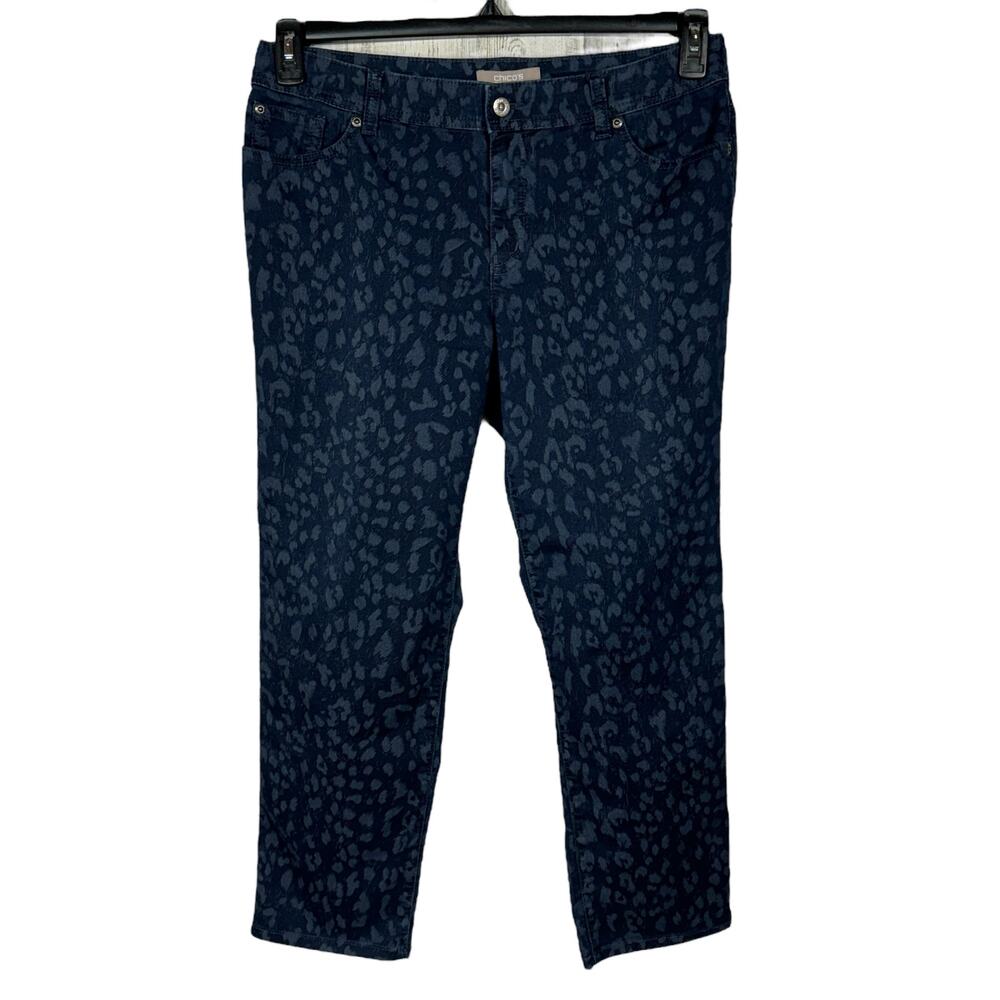 Chico’s SZ 1.5 (Medium/10) Pants Leopard Print Pockets Zip-Fly Stretch Blue